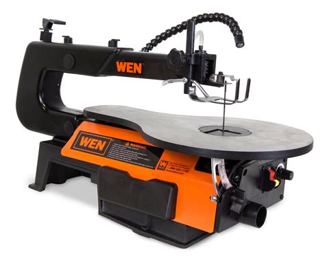 It has a spacious steel table, a dual-bevel steel table, a variable speed knob, a flexible air pump, and a two-year warranty. . Wen scroll saw